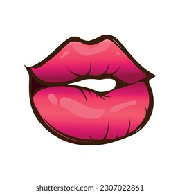 Psychedelic trippy lips are isolated. Cute cartoon lips with teeth in a groovy retro style. Vector illustration