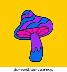 Psychedelic trippy mushroom. Hallucination retro 70s mushroom.Psychedelic hippy doodle sticker mushroom. Bright doodle vector print