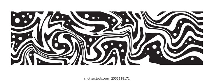 Figura de patrón trippy psicodélico. Collage geométrico y composición. Salpicaduras negras onduladas. Plantilla para cartel o Anuncio. Ilustración vectorial lineal aislada sobre fondo blanco