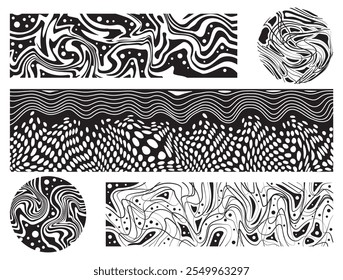 Conjunto de padrões trippy psicodélico. Groovy e ornamentos líquidos. Criatividade minimalista e arte. Composição dinâmica e colagem. Coleção de vetores lineares isolada no plano de fundo branco