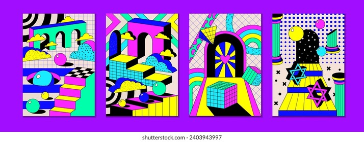 Psychedelic trippy retro element. Surreal geometric poster. Door and window in space. Crazy sticker. Galaxy portal. Funny bright universe. Magic pop illusion ladder. Vector garish minimal cards set