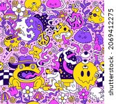Psychedelic trippy seamless pattern art.Mushroom,magic wizard smoking,melt smile face.Vector cartoon hippie illustration doodle.Trippy 60s,70s,magic mushroom,acid,cannabis seamless pattern art concept