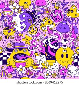 Psychedelic trippy seamless pattern art.Mushroom,magic wizard smoking,melt smile face.Vector cartoon hippie illustration doodle.Trippy 60s,70s,magic mushroom,acid,cannabis seamless pattern art concept