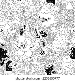 Arte de patrones trippy y psicodélico sin fisuras.hongos, magia mago fumando,sonrisa de melt.Dibujo hippie de dibujos animados.Trippy 60s,70s,hongos mágicos, diseño de arte sin fisuras ácido