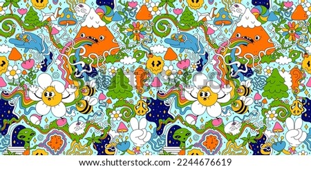 Psychedelic trippy seamless pattern art.Mushroom,magic wizard smoking,melt smile face.Vector cartoon hippie illustration doodle.Trippy 60s,70s,magic mushroom,acid seamless pattern art concept