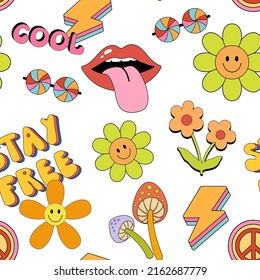 Psychedelic trippy seamless pattern. Mushroom, lips and smiling daisy, Vector cartoon endless design. Hippie background