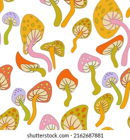 Psychedelic trippy seamless pattern with mushrooms. Trippy 60s mushroom cannabis endless pattern on white background