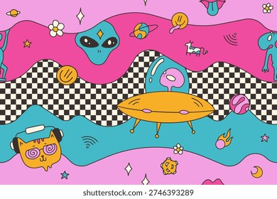 Psychedelic trippy seamless pattern with weird cat in headphones, alien, ufo and floating cow. Surreal melting space background with checkerboard waves. Groovy retro 70s hallucinogenic vector art.