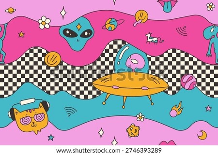 Psychedelic trippy seamless pattern with weird cat in headphones, alien, ufo and floating cow. Surreal melting space background with checkerboard waves. Groovy retro 70s hallucinogenic vector art.