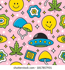 Psychedelic trippy seamless pattern.Mushroom,smile cute face, ufo,hemp,weed,marijuana cannabis leaf.Vector cartoon kawaii character illustration design.Trippy 60s mushroom cannabis pattern art concept