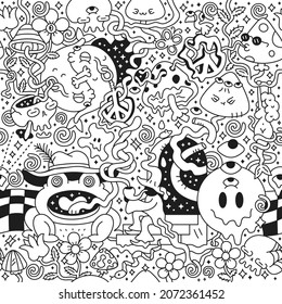 Psychedelic trippy seamless pattern,page for coloring book.Mushroom,magic wizard smoking.Vector cartoon character illustration.Trippy 60s,70s,magic mushroom,acid,cannabis seamless pattern art concept