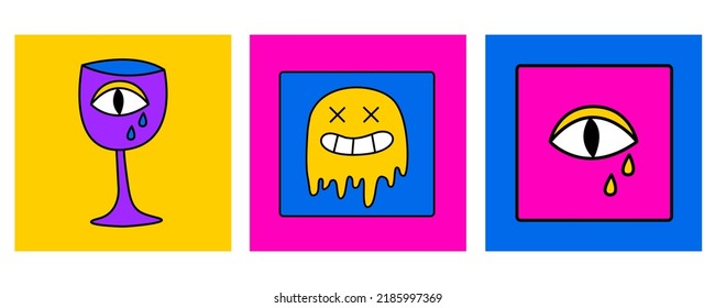 Psychedelic trippy set of illustrations. Vector doodle hallucination illustrations. Psychedelic stickers. Trippy 70s