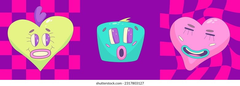 Psicodelic Trippy set afiche con carácter gracioso. Plantilla rara con afiche Trippy y2k. Diseño estético de diseño fresco de los años 90. Ilustración del vector