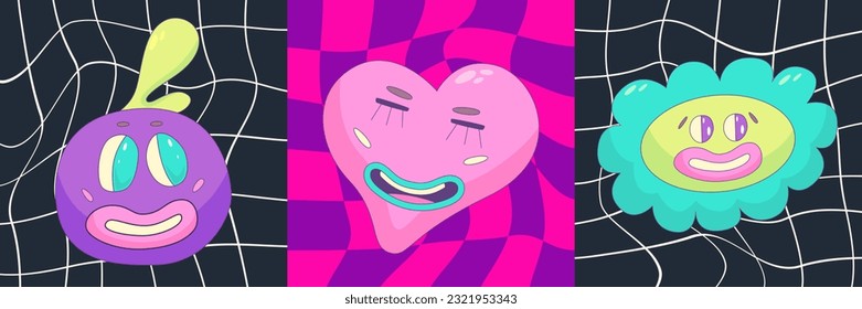 Psychedelic Trippy set poster with funny character. Trippy y2k poster weird template. 90s aesthetic design cool cover. Vector illustration