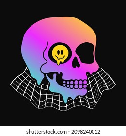 Psychedelic trippy skull with smile face. Vector hand drawn doodle line cartoon character illustration. Psychedelic,acid,skull  print for t-shirt, poster,sticker,cover concept