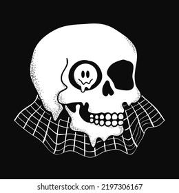 Psychedelischer Trippy-Schädel mit Lächeldruck für T-Shirt. handgezeichnete Zeichenkartoon-Zeichentrickfilm in Vektorgrafik