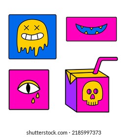 Psychedelic trippy smile, eye, juice box. Vector doodle hallucination illustrations. Psychedelic stickers. Trippy 70s