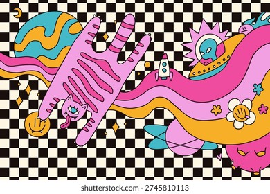 Psychedelic trippy space background with weird stretched cat, rocket and alien in UFO. Surreal melting galaxy landscape with checkerboard texture. Groovy retro 70s vibrant vector illustration.
