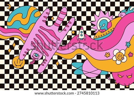 Psychedelic trippy space background with weird stretched cat, rocket and alien in UFO. Surreal melting galaxy landscape with checkerboard texture. Groovy retro 70s vibrant vector illustration.