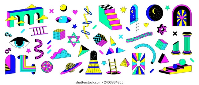 Psychedelic trippy sticker. Space door crazy elements. Funny portal surreal icon. Universe geometry. Magic figure. Pop shape. Ladder illusion. Bright cubes and spheres. Vector garish retro symbols set