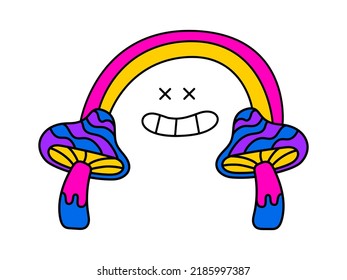 Psychedelic trippy vector doodle illustration. Mushrooms and rainbow.Crazy hallucination print. Psychedelic sticker. Trippy 70s