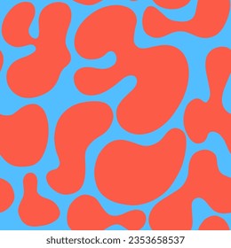 Psychedelic trippy wavy y2k seamless pattern. Modern naive Retro 70s trendy background. Minimalist nursery neon print of psychedelic red curvy shapes on blue backdrop. 