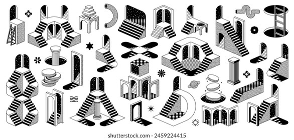 Psychedelic trippy y2k elements and surreal vector icons of stairs and podium staircase. Psychedelic art portal, planet and arch column with abstract shapes, retro surreal illusion trippy y2k ladders