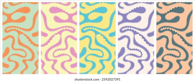 Psychedelic trippy y2k retro background vector design, Groovy abstract hippie pattern, Cool colors geometric wave texture set