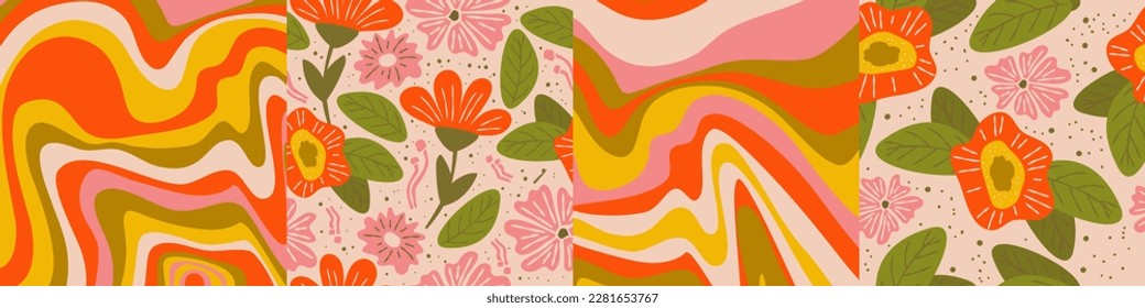 Psychedelic trippy y2k set retro background swirl. Simple vector illustration. Groovy wave print. Vintage background. Psychedelic groovy spiral