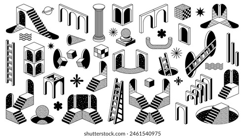 Elementos psicodélicos y2k surrealistas con escaleras y arco. Conjunto de Vector aislado de arcos psicodélicos monocromos, escaleras, ventanas y agujeros. Planetas, cielo espacial estrellado, cubos y olas, columnas romanas