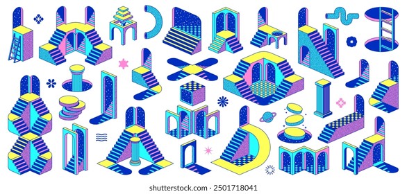 Psychedelic trippy y2k surreal elements and icons. Columns and shapes, stairs and podium, staircase and portal, planet and arch vector line stickers. Abstract psychedelic trippy architecture elements