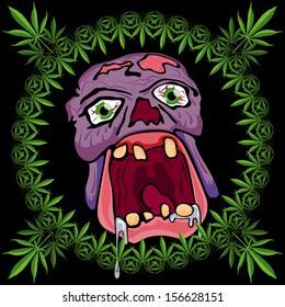 Psychedelic trippy zombie head over a marijuana ornament background vector illustration