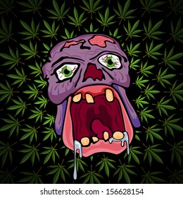 Psychedelic trippy zombie head over a marijuana ornament background vector illustration