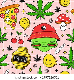 Psychedelic trippy,pizza,420 seamless pattern art.Weed,mushroom,cherry,weed marijuana leafs Vector cartoon character illustration design.Trippy alien,mushroom,magic,face,cannabis pattern art concept