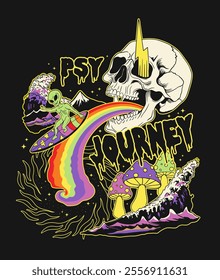 Psychedelic t-shirt print featuring a surreal design with a skull emitting a rainbow, an alien surfing on it, and vibrant mushrooms surrounded by cosmic and trippy elements. The artwork embodies a col