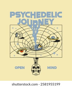 psychedelic t-shirt print with skull and wormhole, optical illusion, retro minimalism. psychedelic journey