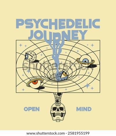 psychedelic t-shirt print with skull and wormhole, optical illusion, retro minimalism. psychedelic journey