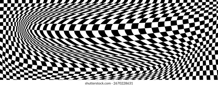 Quadriculado de túnel psicodélico com ondas deformadas. Groovy design óptico retro para fundos abstratos, cartazes, têxteis, papéis de parede e projetos de arte digital.