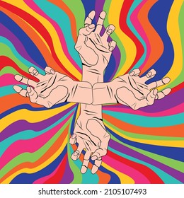 Psychedelic Twist Background. Retro colorful abstract art. 1960s, 1970s Style. Illustration, Cover, Poster Template. Vector illustration.