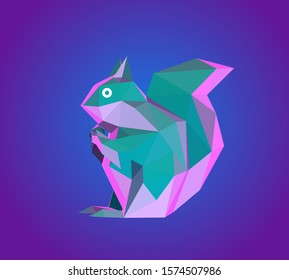 Psychedelic Vaporwave Cartoon Squirrel on Retro Background. Low Poly Vector 3D Rendering