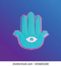 Psychedelic Vaporwave Hamsa Hand of Fatima on Retro Background. Low Poly Vector 3D Rendering