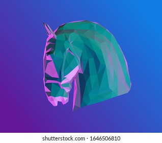 Psychedelic Vaporwave Horse Profile on Retro Background. Low Poly Vector 3D Rendering