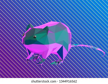 Psychedelic Vaporwave Rat on Retro Background. Low Poly Vector 3D Rendering