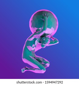 Psychedelic Vaporwave Titan Atlas on Retro Background. Low Poly Vector 3D Rendering