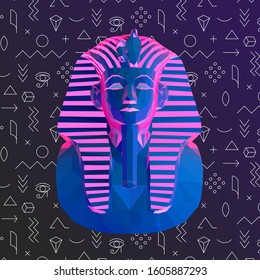 Máscara de entierro "Tutankhamun" de vaporwave psicodélico en el fondo retro. Representación 3D de vectores de polvos bajos