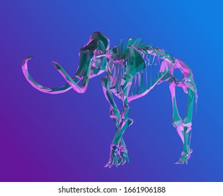 Psychedelic Vaporwave Woolly Mammoth Skeleton on Retro Background. Low Poly Vector 3D Rendering