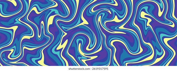 A psychedelic vector background with swirling, fluid patterns in vibrant shades of purple, blue, teal, and yellow, creating a dynamic and hypnotic abstract effect.