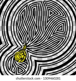 Psychedelic vector black and transparent illustration of snail with yellow shell on abstract pattern. Coloring or color change background. Decorative artistic creative picture. Geometric illusion.