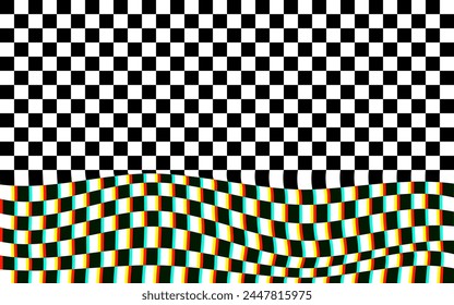 Psychedelic vector checkered background with glitch effect. Graphic element  for fabric, textile, clothing, wrapping paper, wallpaper, poster. 