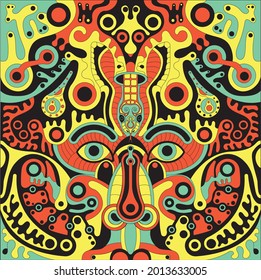 Psychedelic vector drawing based on the art of ancient Mesoamerica. 